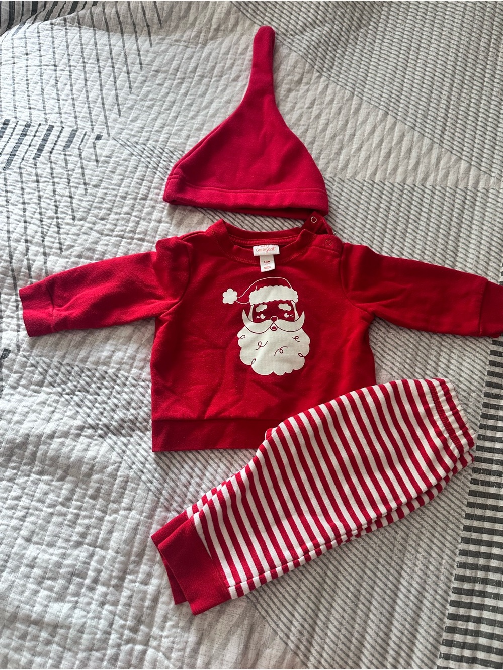 Cat & Jack Red Santa Top Hat Beanie and Stripe Pants Matching Set